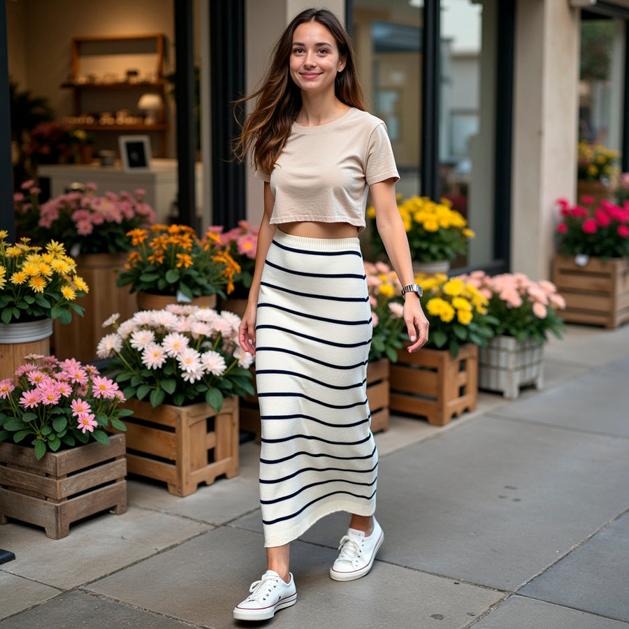 Falda Punto Rayas - Beige